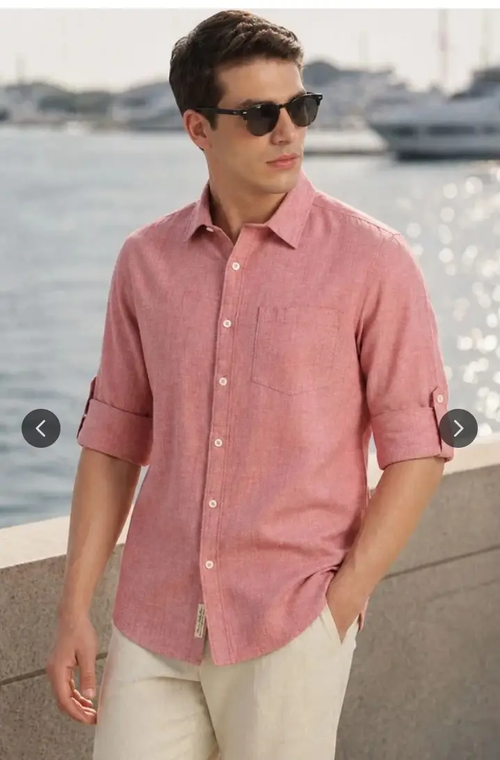Men Slim Fit Long Roll-Up Sleeves Spread Collar Solid Linen Casual Shirt